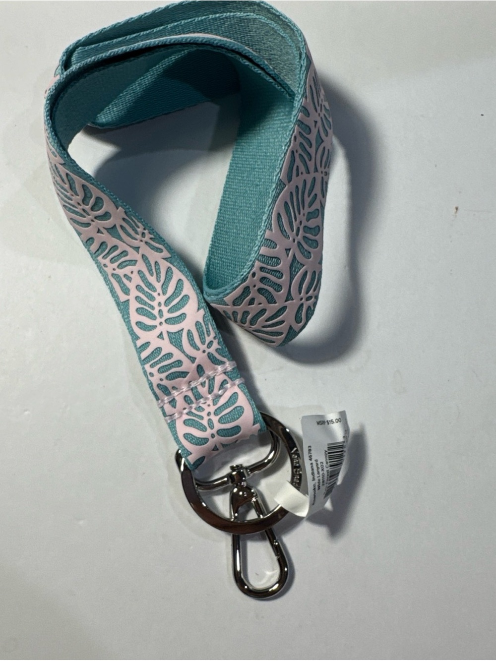 NWT Vera Bradley Women's Pink and Teal Leaf-Pattern wide Lanyard with clip ring